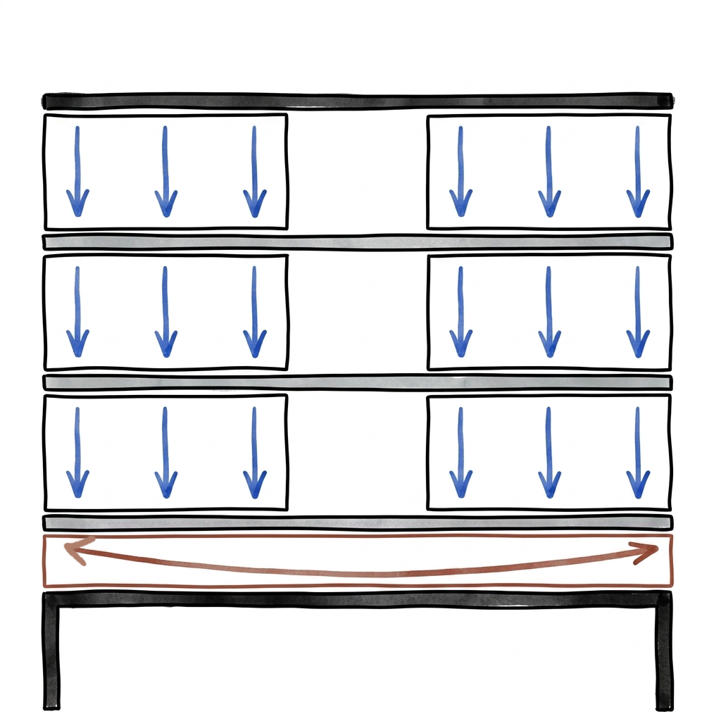 Structural scheme — loads collected by a distribution layer over the existing building