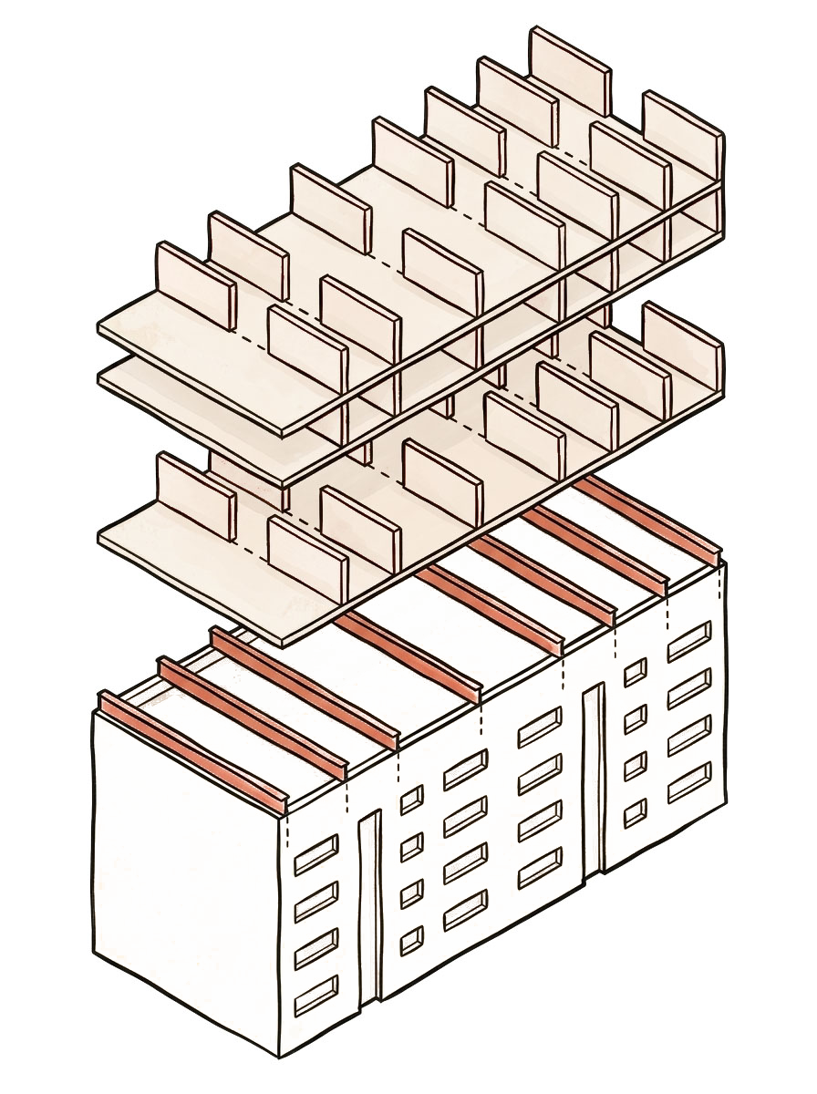 Axonometric — status quo extension with distribution-layer trusses highlighted