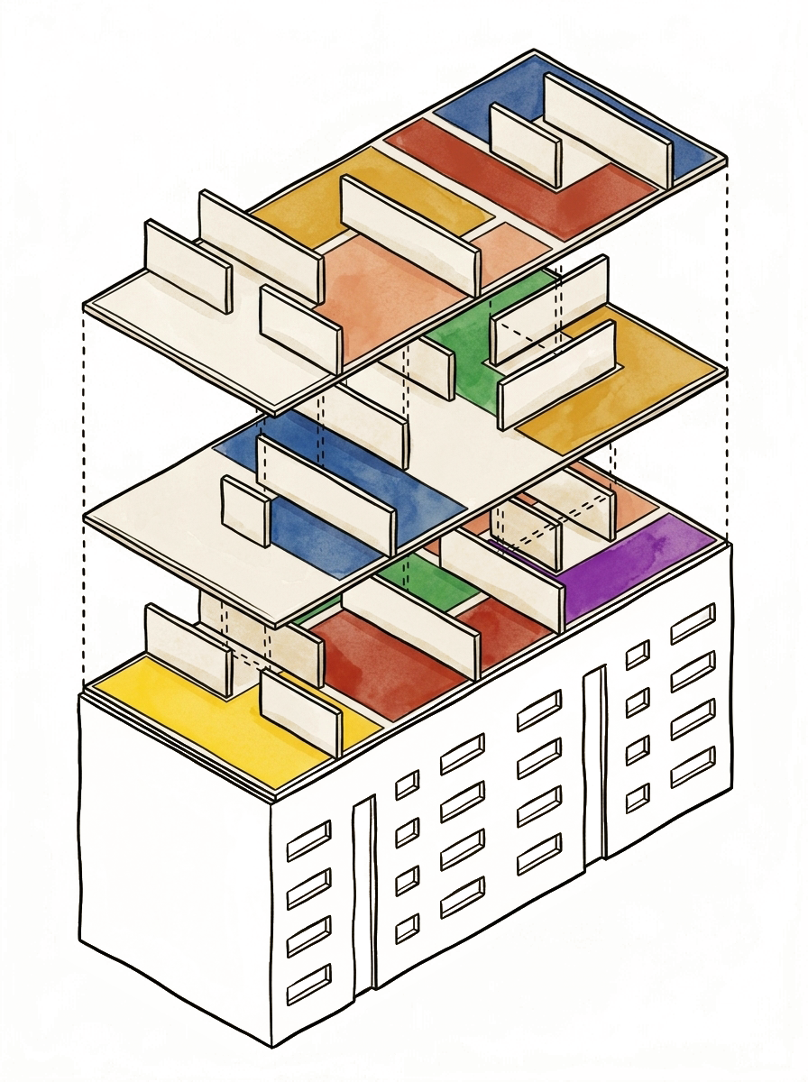 Exploded apartment layouts across storeys