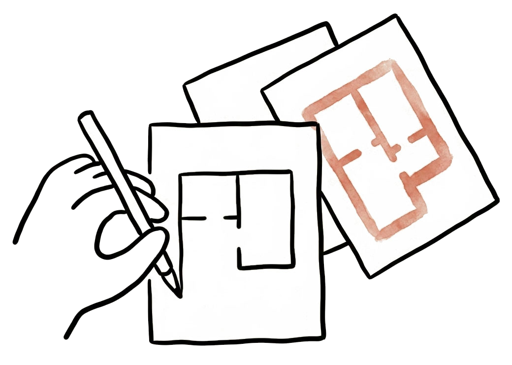 A hand redrawing a floor plan from an existing example — the imitation approach