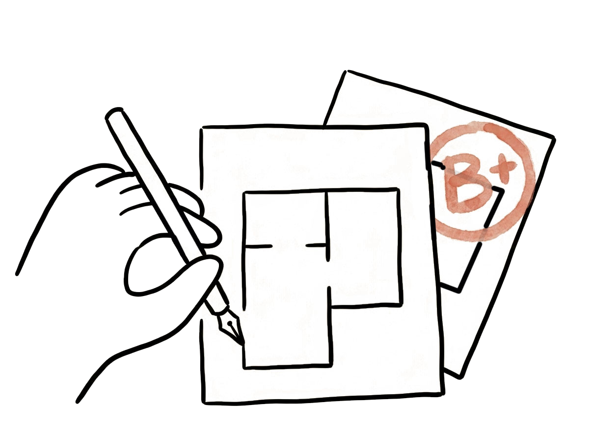 A hand drawing a floor plan with a graded paper marked B+ behind it — learning through scored feedback